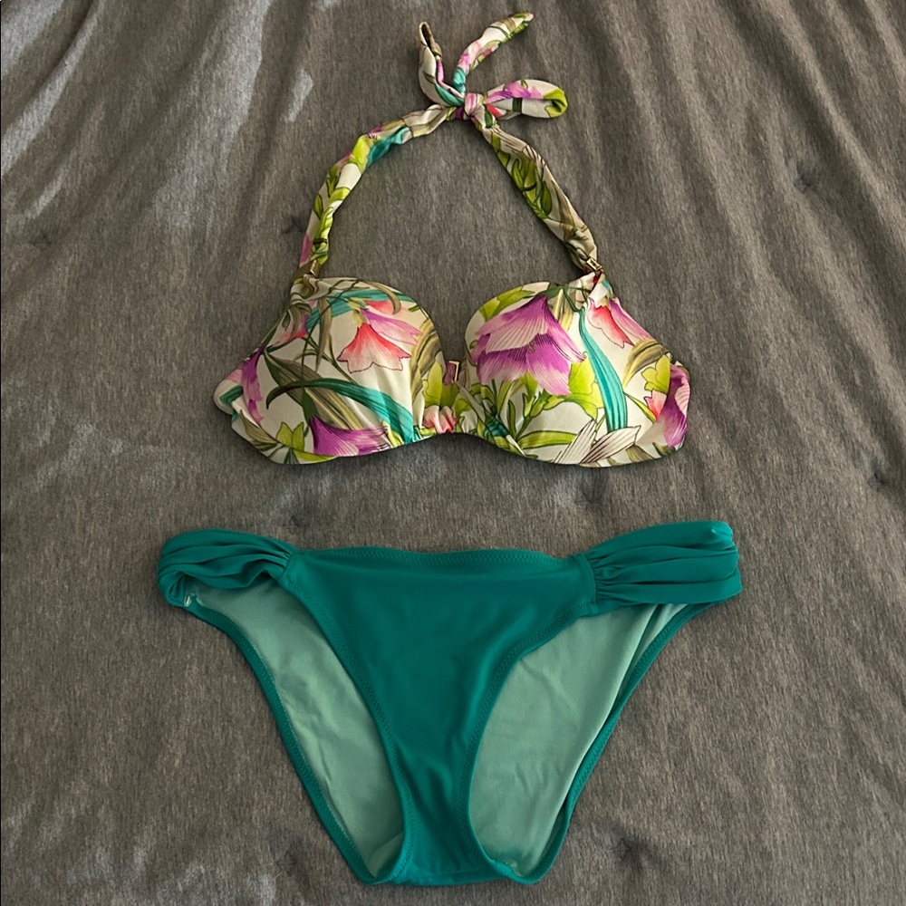Victoria’s Secret Floral Halter Bikini Set with Teal Bottoms